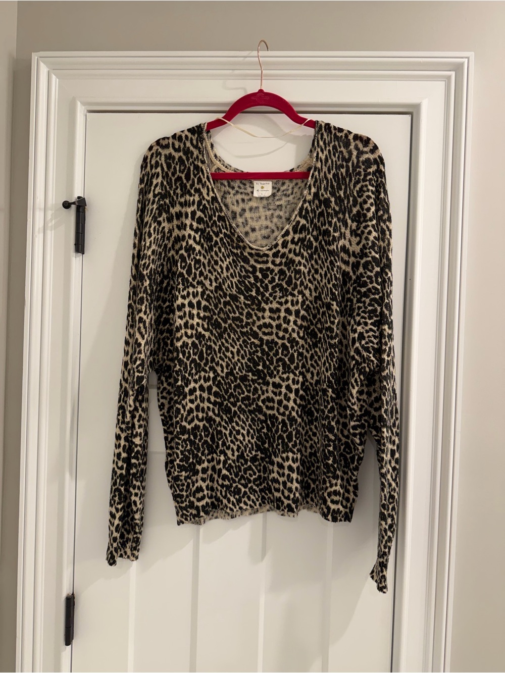By Together Leopard Print V-Neck Sweater in Beige and Black size Large
